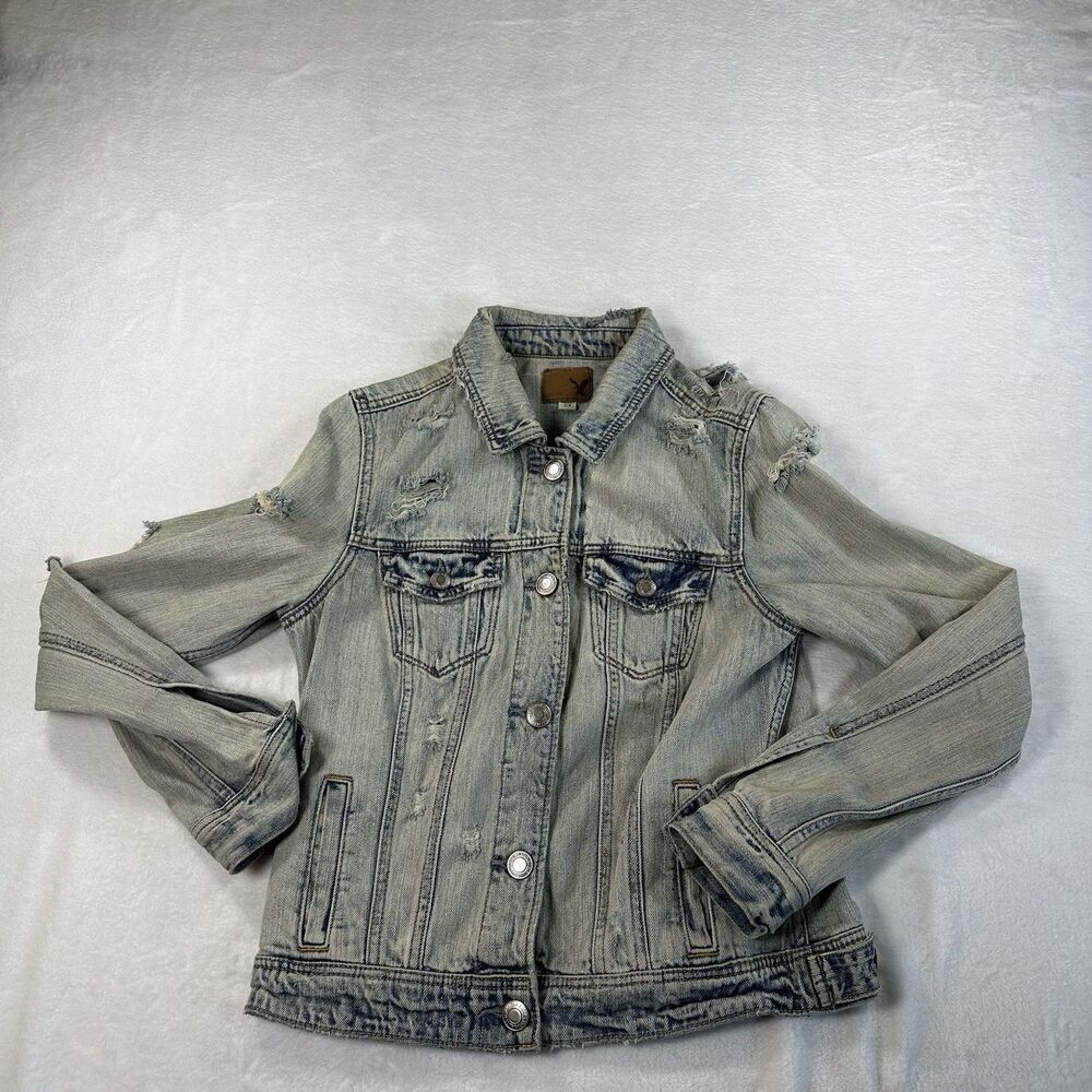 American Eagle Outfitters Distressed Denim Jacket Women Medium Light Wash Cutout